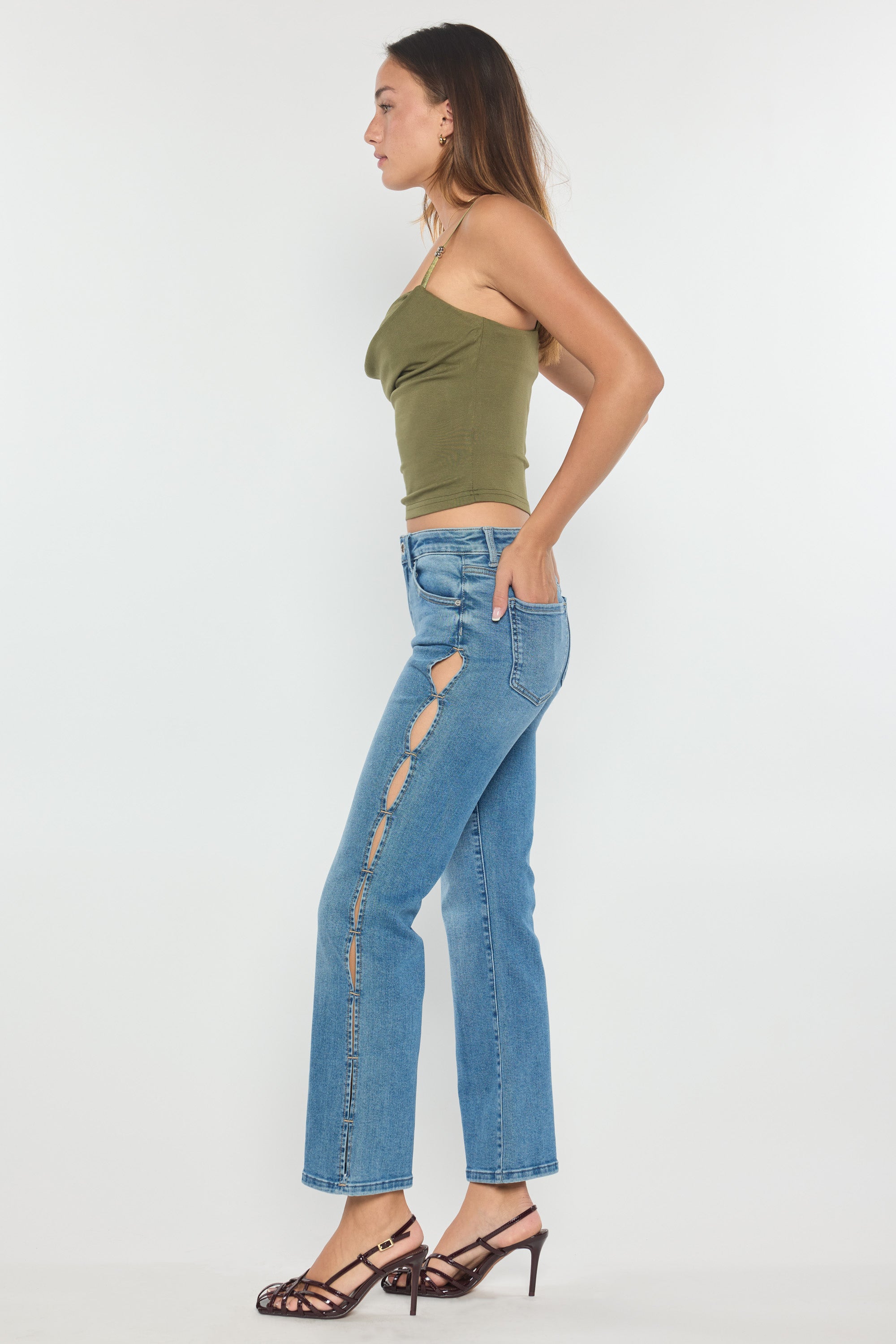 High Rise Relaxed Crop Bootcut with Side Cut-out hole Detail
